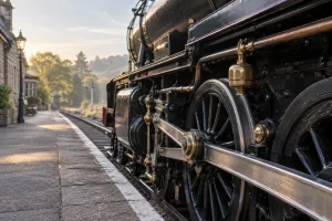 Polished rods and large wheels of a restored black steam locomotive rest beside an empty heritage platform.