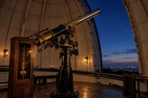 A historic refracting telescope and pendulum clock stand in an empty observatory dome under a twilight sky.
