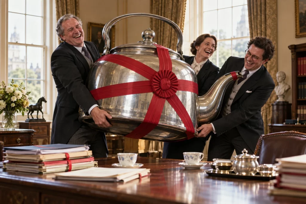 Three fictional palace administrators laugh as they carry an enormous silver kettle wrapped in red ribbon through a stately office.