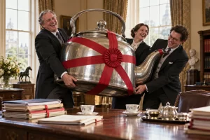 Three fictional palace administrators laugh as they carry an enormous silver kettle wrapped in red ribbon through a stately office.