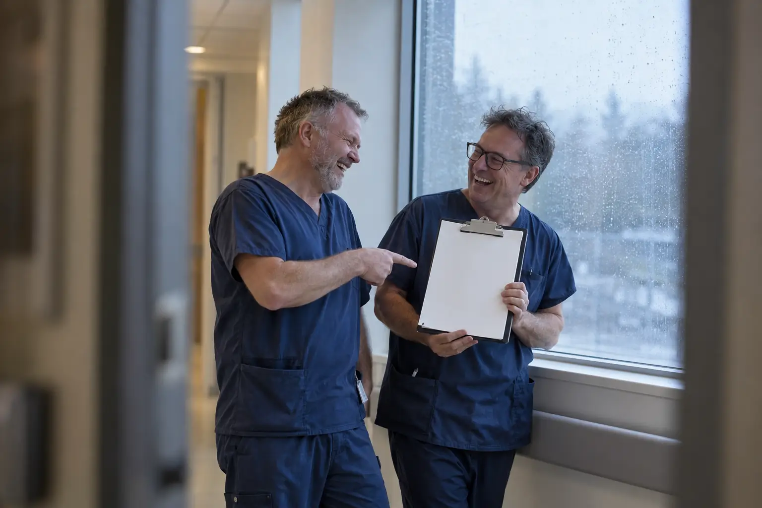 Original editorial photograph of two laughing middle-aged male radiotherapy technicians reviewing a blank safety checklist in a rainy hospital corridor