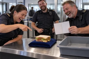 Fictional border officers laugh while inspecting an innocent sandwich on a blue cushion beside a blank passport booklet.
