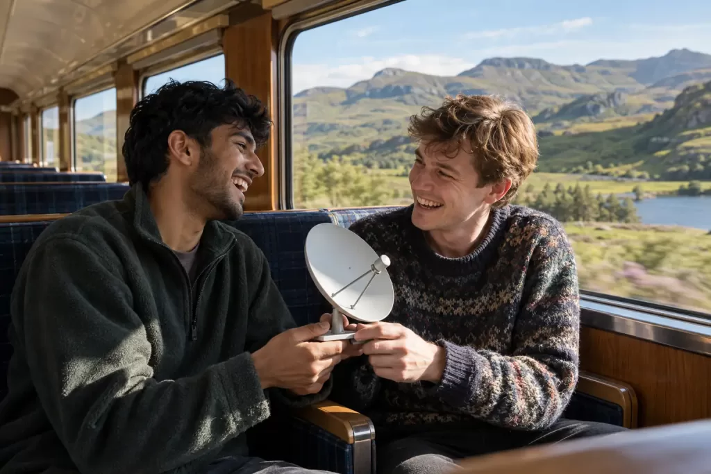 Original editorial photograph of two laughing young men in a sunny rural railway carriage holding a blank small satellite dish model, with no other people