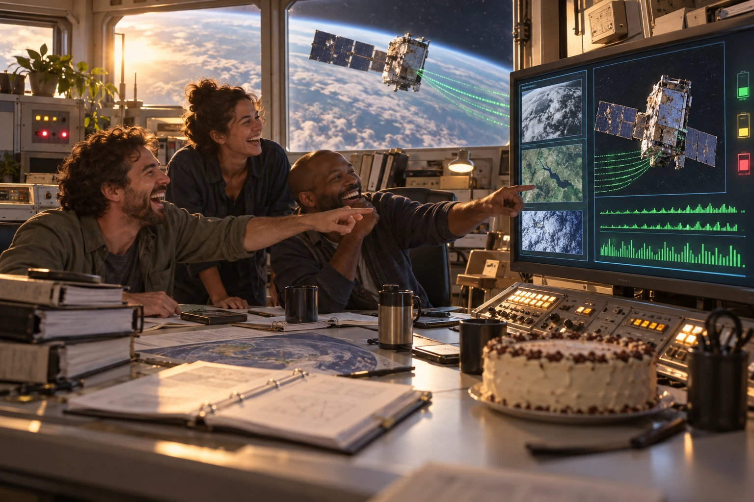 Three fictional satellite engineers laugh around a mission control screen beside a retirement cake.