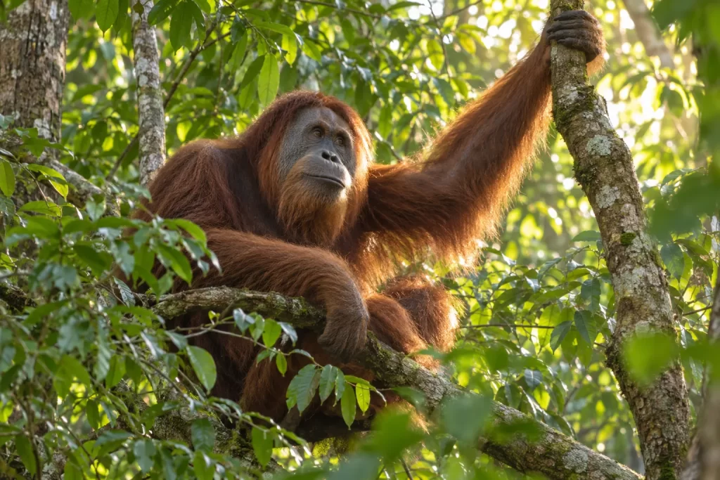An orangutan rests in a leafy Borneo rainforest canopy in warm natural afternoon light.