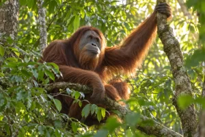 An orangutan rests in a leafy Borneo rainforest canopy in warm natural afternoon light.