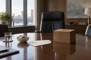 An empty boardroom chair sits beside a wooden savings box, blank envelopes and a small bowl of biscuits.
