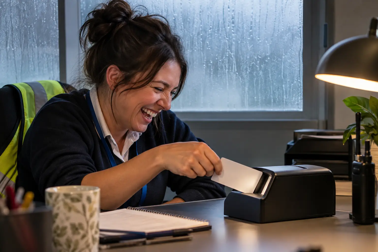 Original editorial photograph of a laughing airport operations worker feeding a blank card into a small scanner for aviation passenger information