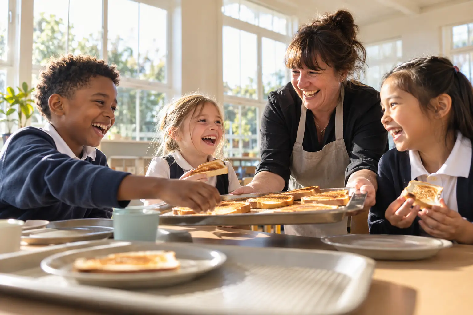 Original editorial photograph of three laughing school-age children and a laughing breakfast-club helper with plain toast in a sunny school dining room, with no logos or text