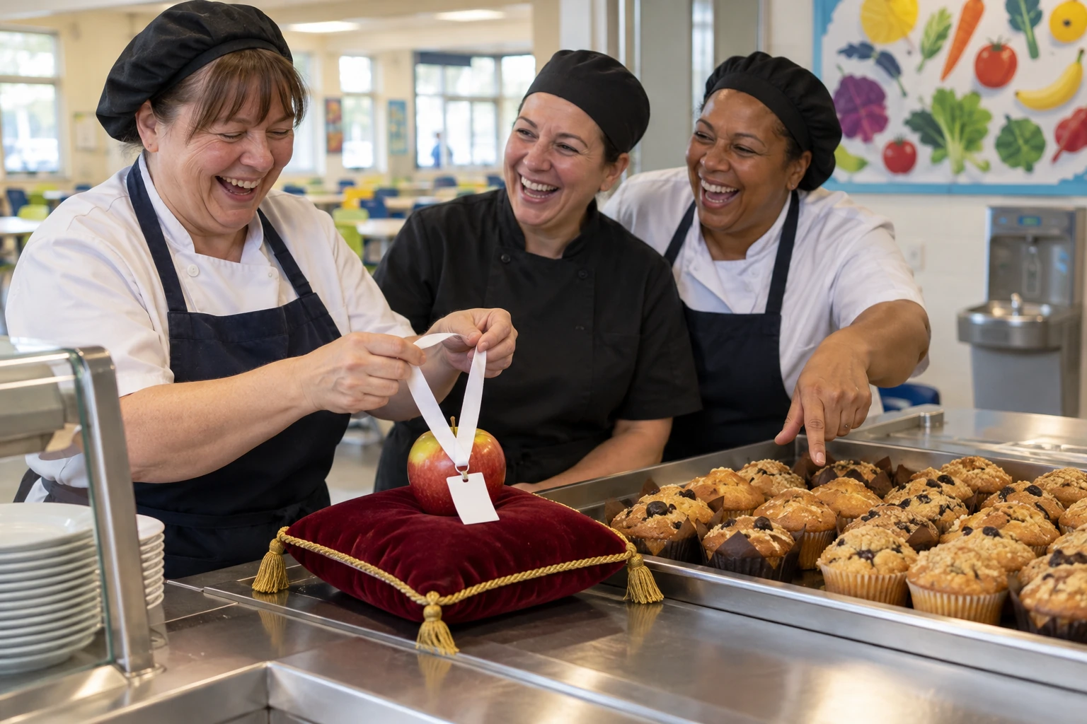 Three fictional adult school catering managers laugh as an apple receives a lanyard beside a tray of muffins in a school canteen.