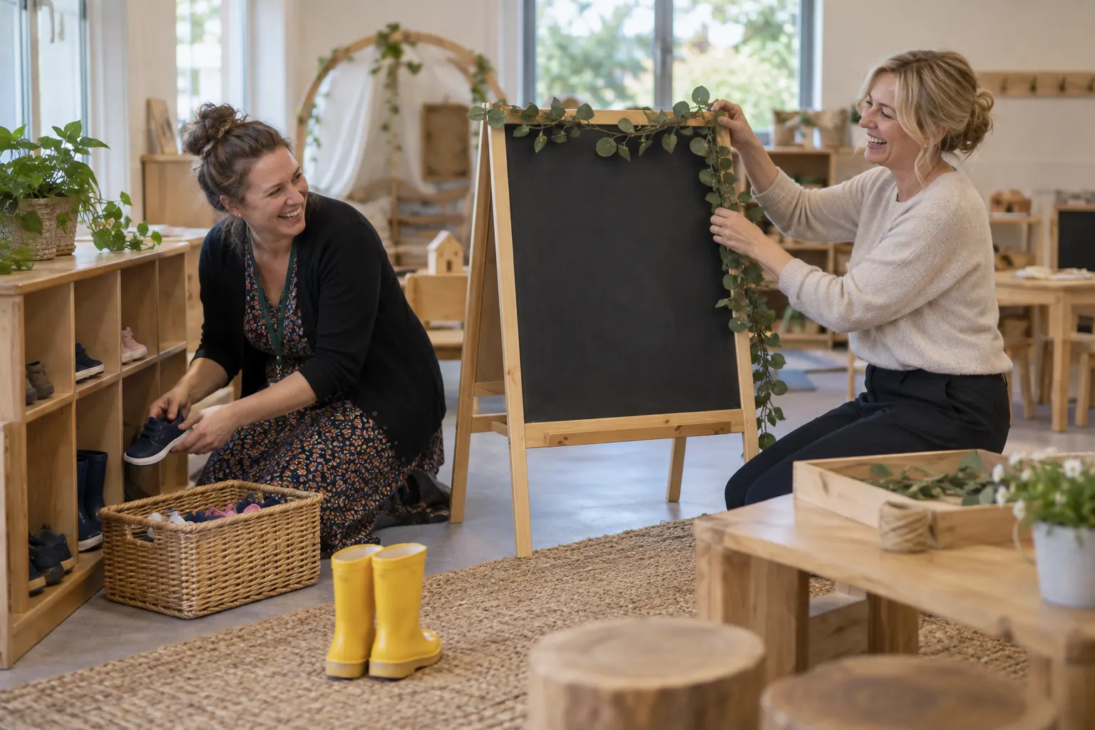 Two laughing advisers for school readiness family guidance
