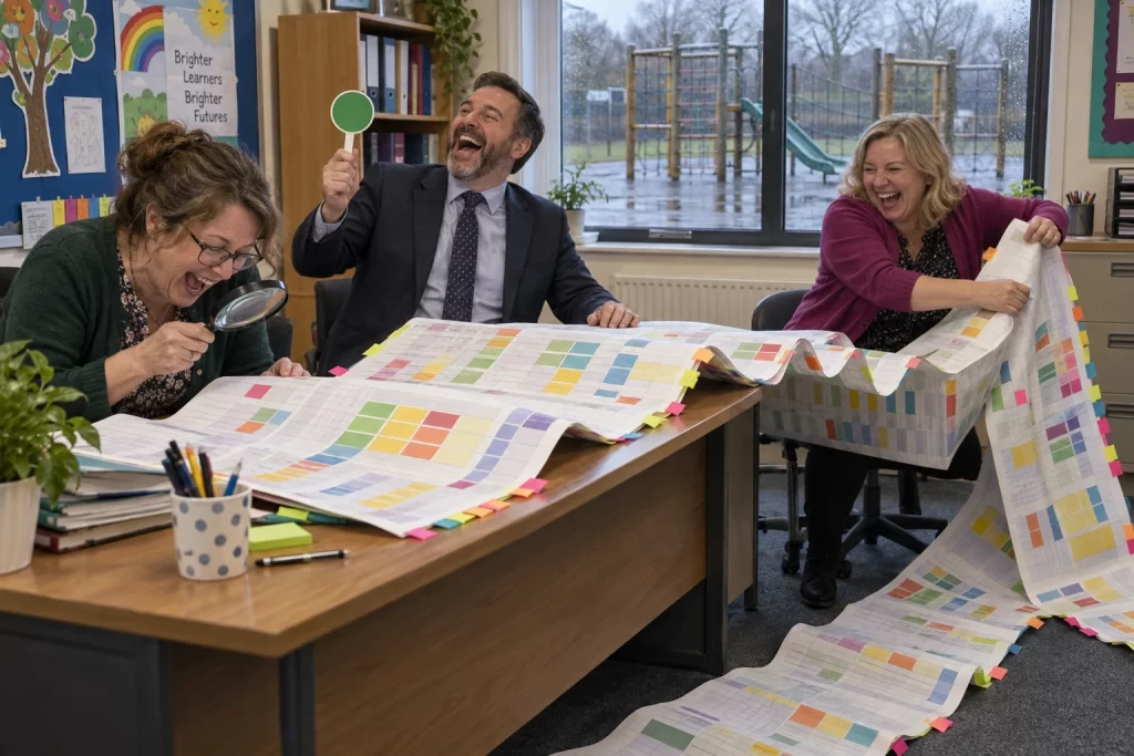 Three laughing school administrators examine an enormous folding report card covered in coloured blocks and tabs.