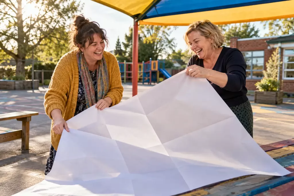 Original editorial photograph of two laughing school staff folding a blank oversized timetable in an empty playground for school suspensions guidance