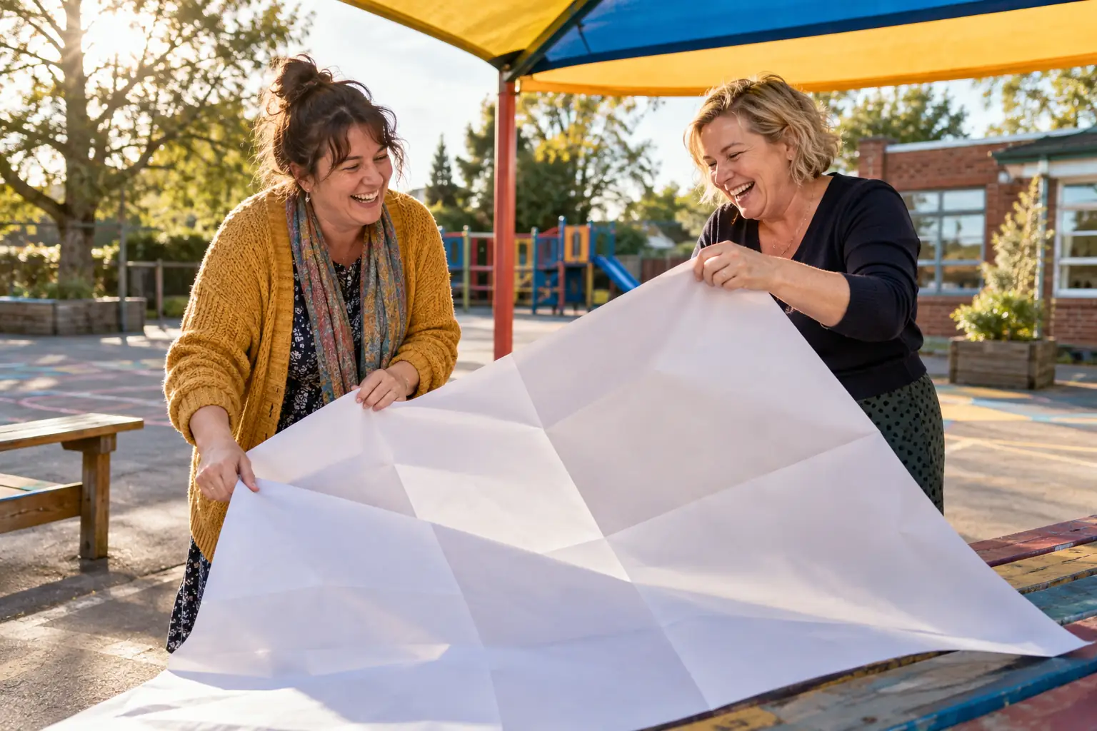 Original editorial photograph of two laughing school staff folding a blank oversized timetable in an empty playground for school suspensions guidance