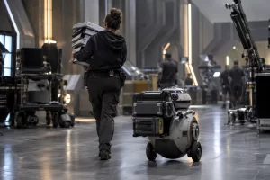 An original service robot follows a production assistant carrying unmarked script binders across a science fiction film set.