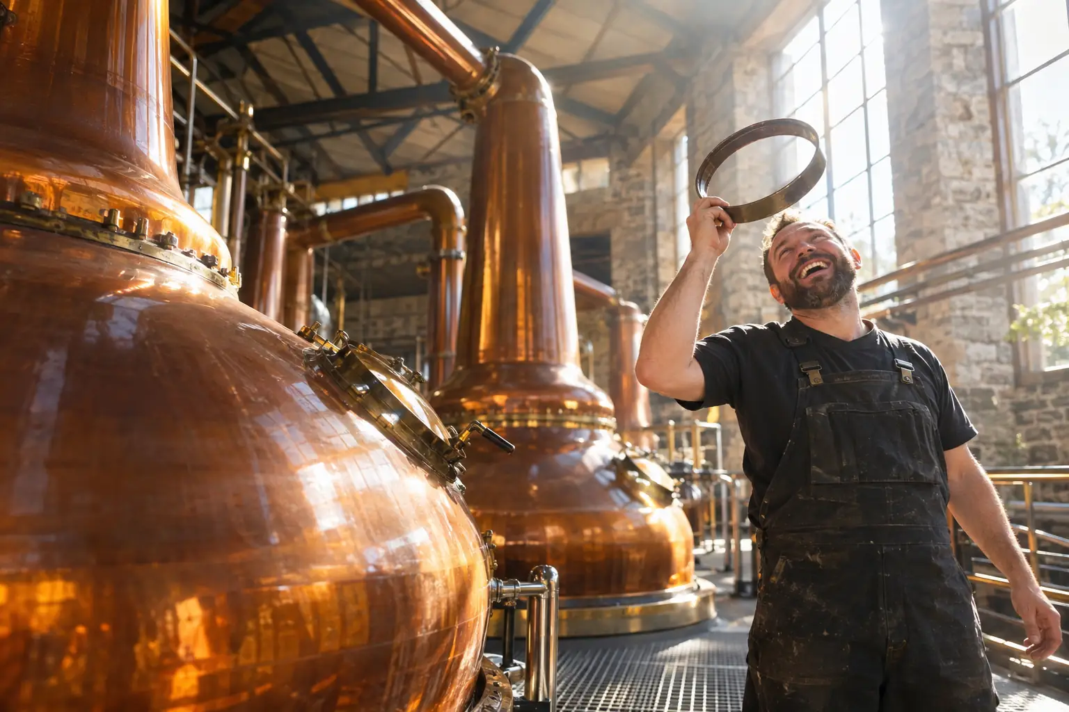 Original editorial photograph of a laughing distillery worker raising a barrel hoop beside copper stills for Scotch whisky US tariffs