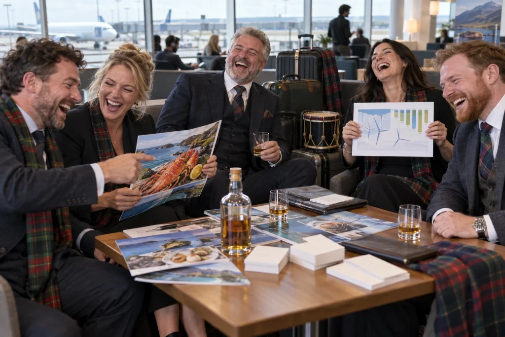 Five fictional adult Scottish trade delegates visibly laughing in an airport lounge with generic export brochures, a plain whisky bottle, luggage and a ceremonial drum.