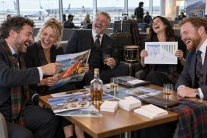 Five fictional adult Scottish trade delegates visibly laughing in an airport lounge with generic export brochures, a plain whisky bottle, luggage and a ceremonial drum.