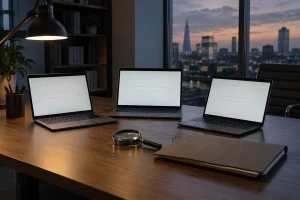 Three unbranded laptops show empty search fields beside a magnifying glass and consultation folder.
