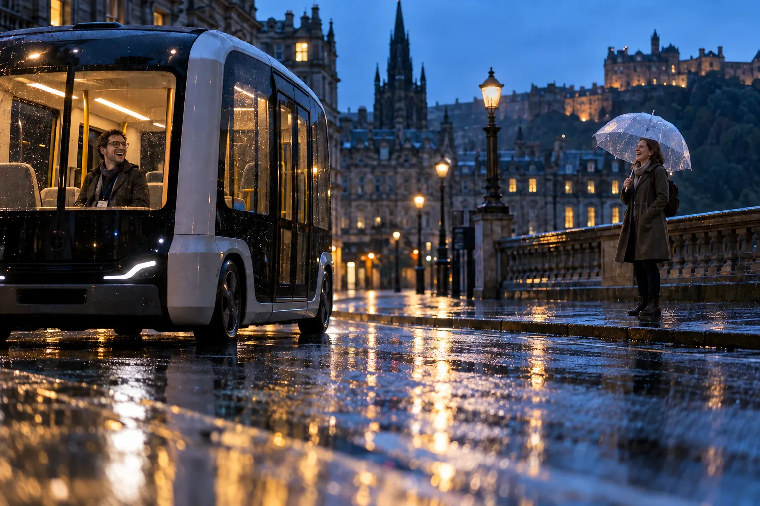Two laughing transport researchers at fictional self-driving vehicle pilot applications 2026 street scene