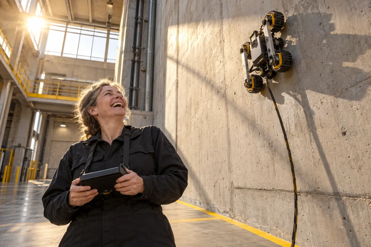 Original editorial photograph of a laughing engineer looking up at an unbranded wall-climbing inspection robot in a sunlit industrial hall, with no logos or text