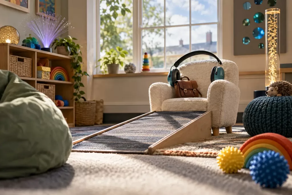 Original editorial photograph of an armchair in a sensory classroom for SEND inclusion guidance 2026
