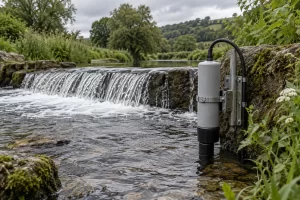 An unbranded water quality monitoring sensor is secured beside a clear river at a low stone weir.