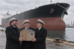 Three laughing maritime executives hold a miniature garden shed in front of an enormous unmarked oil tanker.