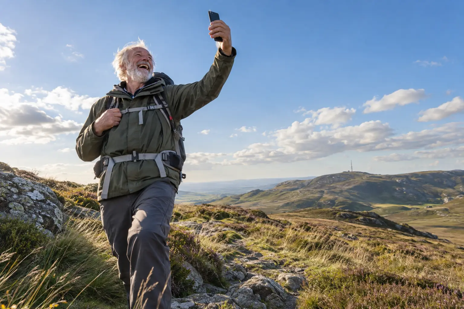 Original editorial photograph of a laughing older man hiker alone on a sunny hill holding an unbranded phone near a distant plain 4G mast, with no other people
