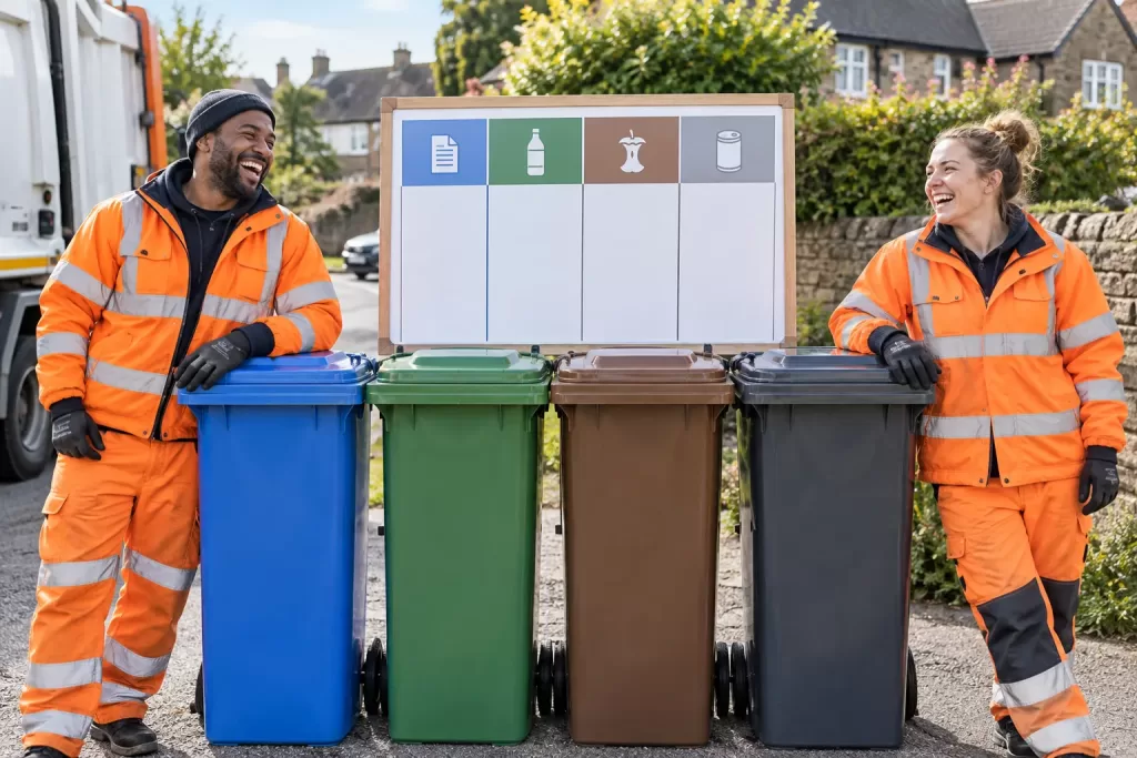 Two laughing recycling workers beside bins for Simpler Recycling England rules