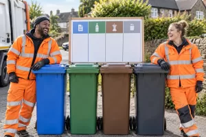 Two laughing recycling workers beside bins for Simpler Recycling England rules
