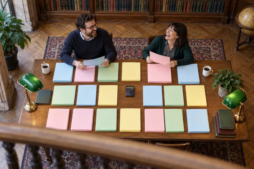 Two laughing analysts at fictional Single Data List 2026 2027 update table