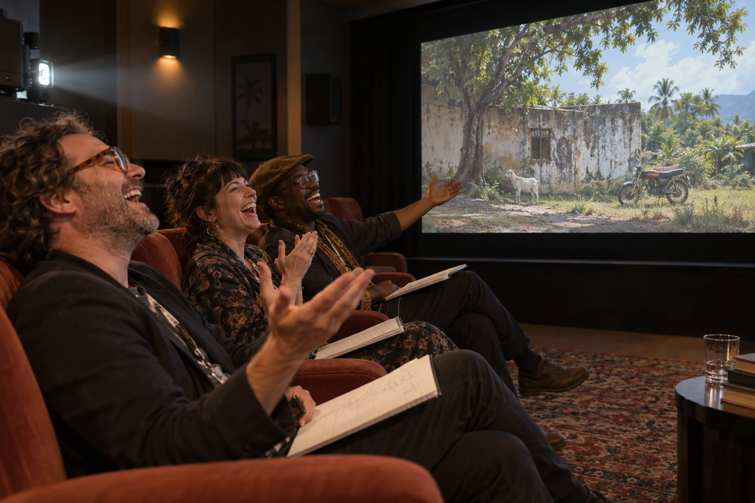 Three laughing festival programmers watch a cinema screen showing a quiet tropical landscape with a wall, goat and parked motorbike.