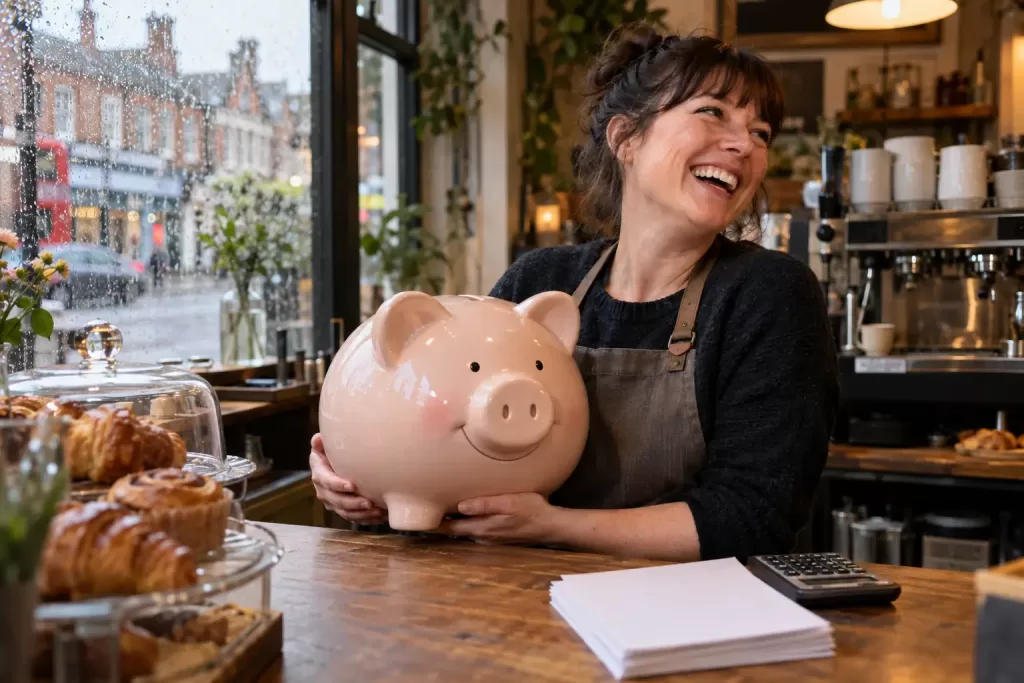 Original editorial photograph of a laughing café owner with a giant piggy bank for small business finance