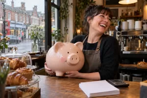Original editorial photograph of a laughing café owner with a giant piggy bank for small business finance