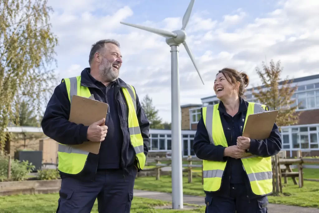 Two laughing facilities workers by a small wind turbine representing small onshore wind turbines