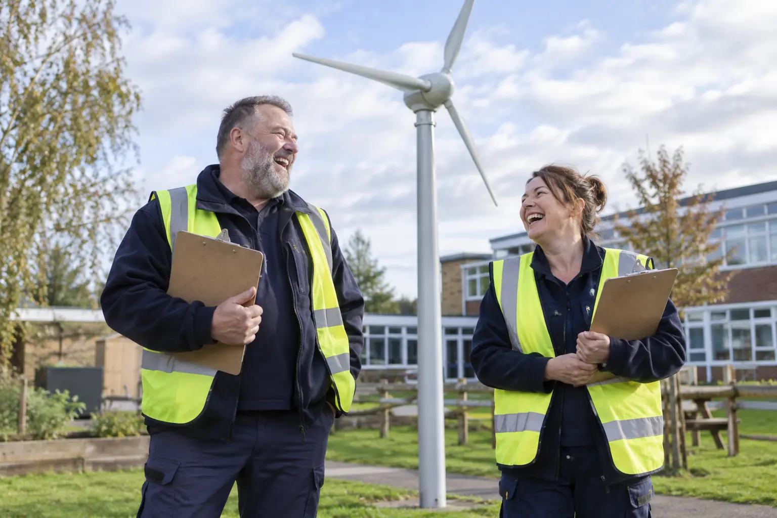 Two laughing facilities workers by a small wind turbine representing small onshore wind turbines