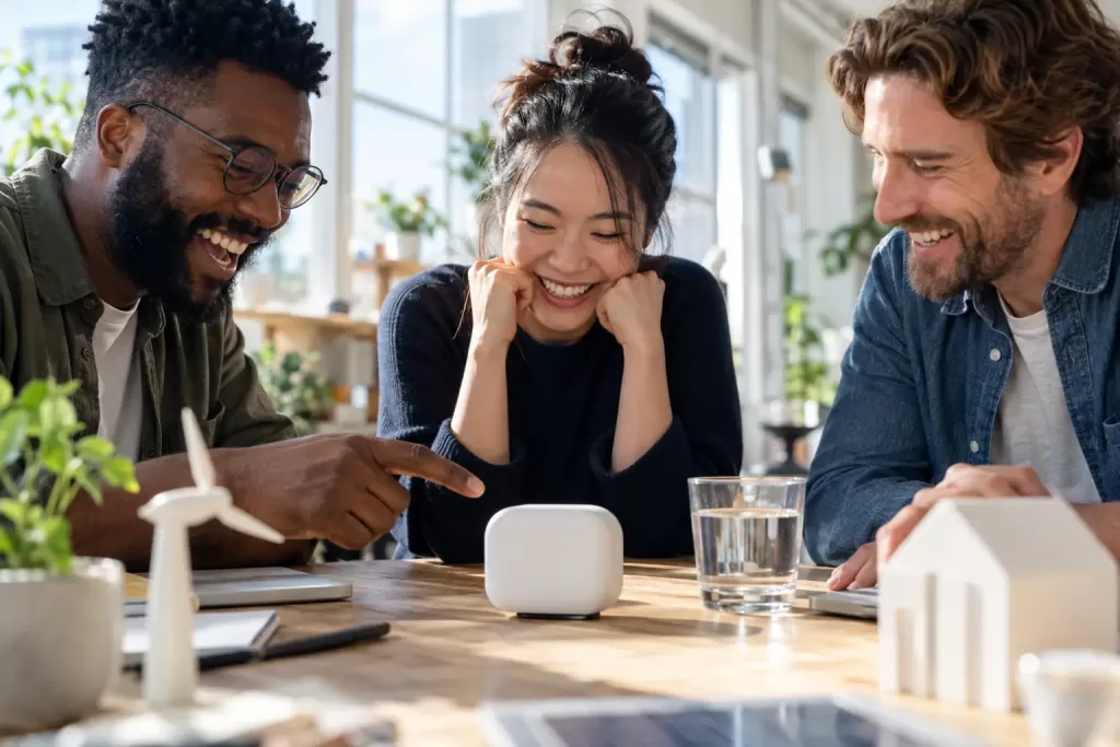 Original editorial photograph of three laughing innovators around a plain smart meter and glass of water in a sunny studio, with no logos or text