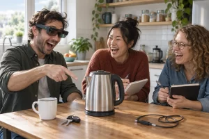 Three laughing researchers gather around a kettle while one wears augmented reality glasses and points at the appliance.