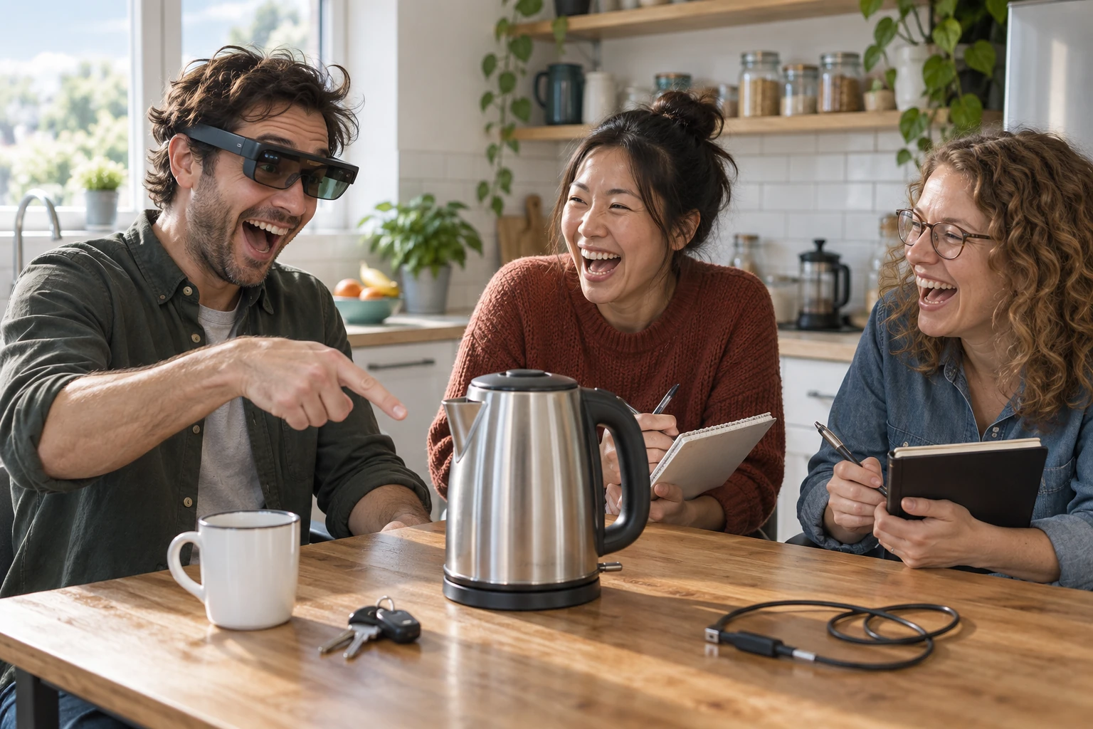 Three laughing researchers gather around a kettle while one wears augmented reality glasses and points at the appliance.