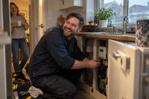 Laughing electrician repairing a smart meter in a British kitchen while a laughing homeowner looks on