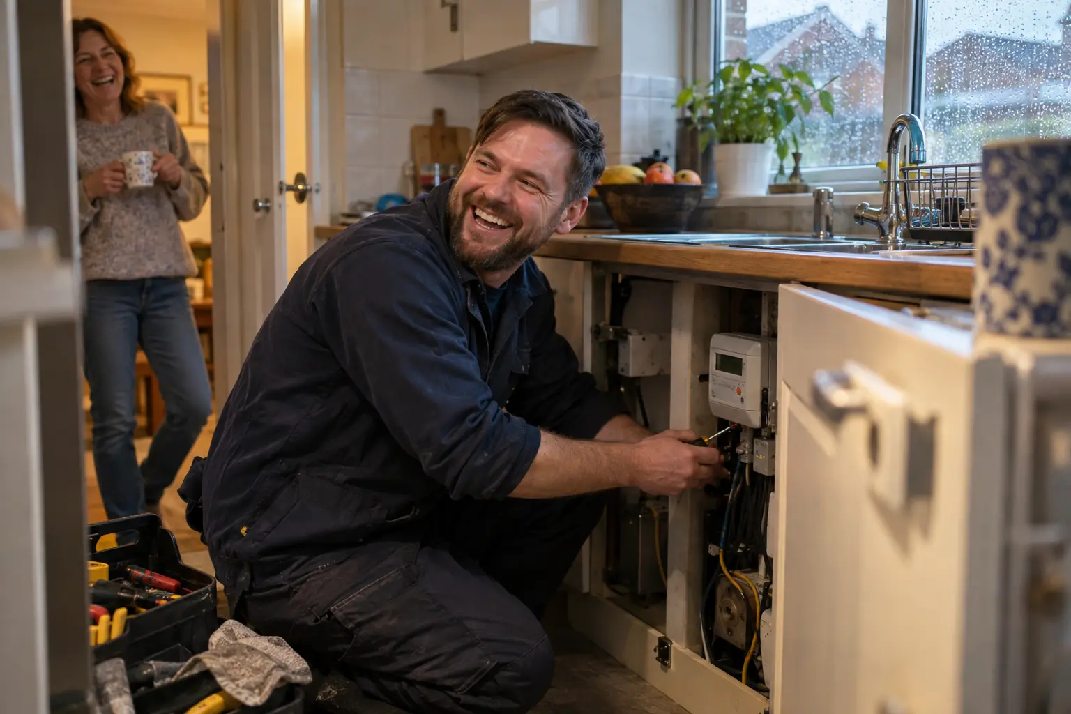Laughing electrician repairing a smart meter in a British kitchen while a laughing homeowner looks on