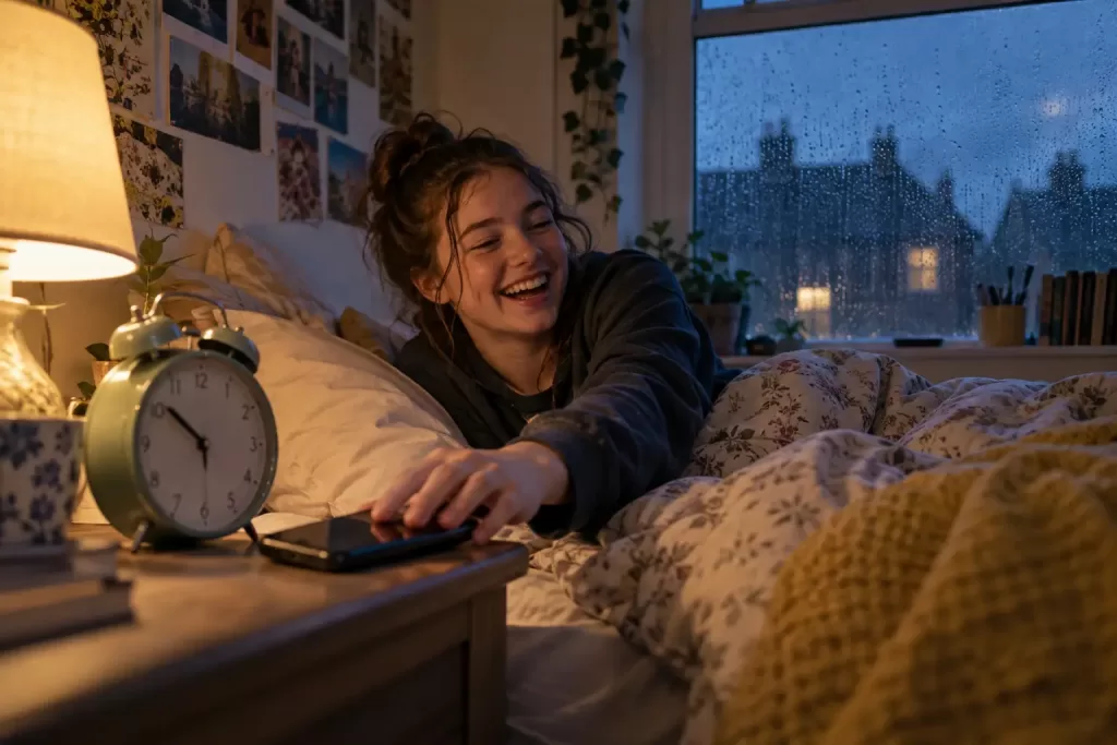 Original editorial photograph of a laughing teenager putting a phone beside an alarm clock for social media curfews