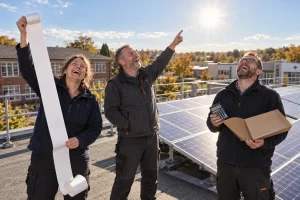 Three laughing facilities managers beside rooftop solar panels hold blank billing paper, a calculator and an empty folder.