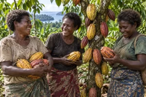 Three Solomon Islands cocoa farmers laugh together beside a tree heavy with colourful cocoa pods.