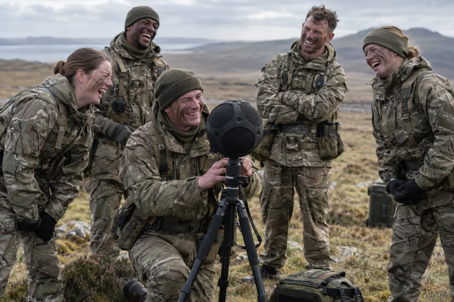 Five laughing adult soldiers in a controlled training exercise stand beside a compact acoustic sensor.