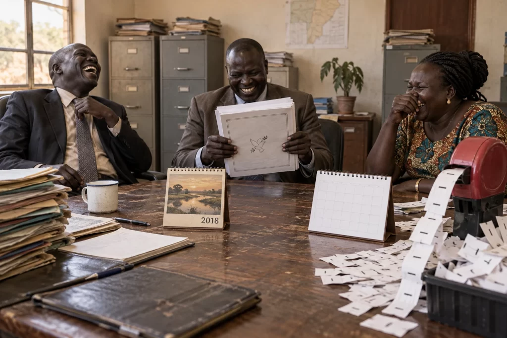 Three fictional adult civil servants laugh around a table with an upside down peace agreement, a 2018 calendar and an overflowing ticket dispenser.
