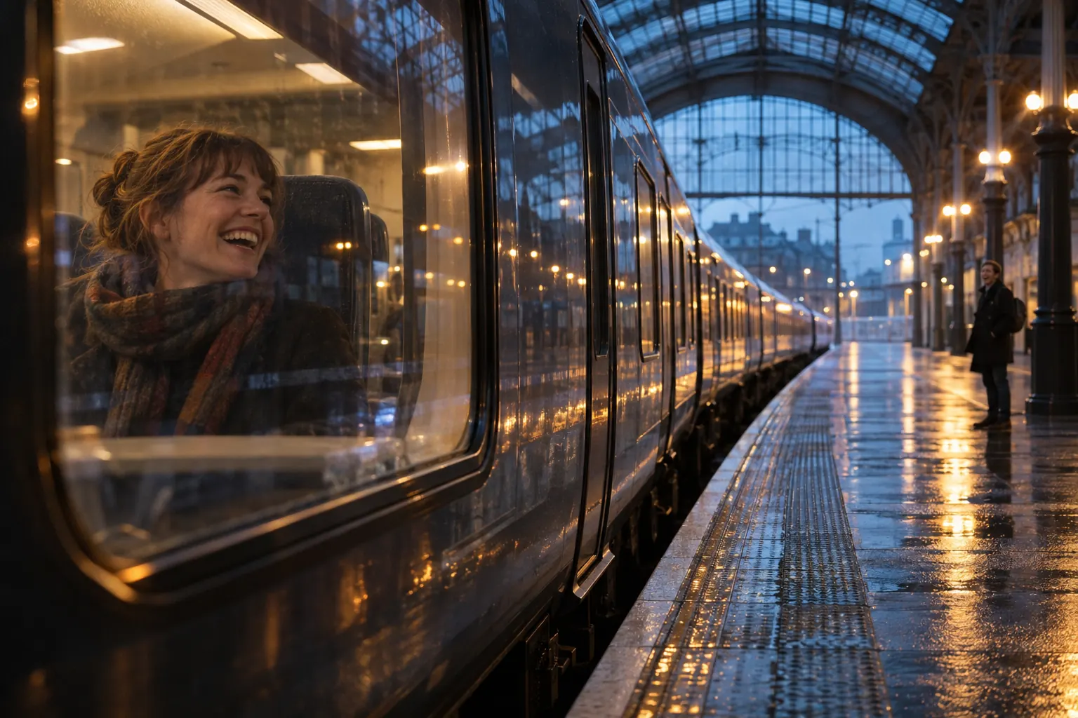 Two laughing rail passengers at fictional South Western Railway public ownership 2026 station