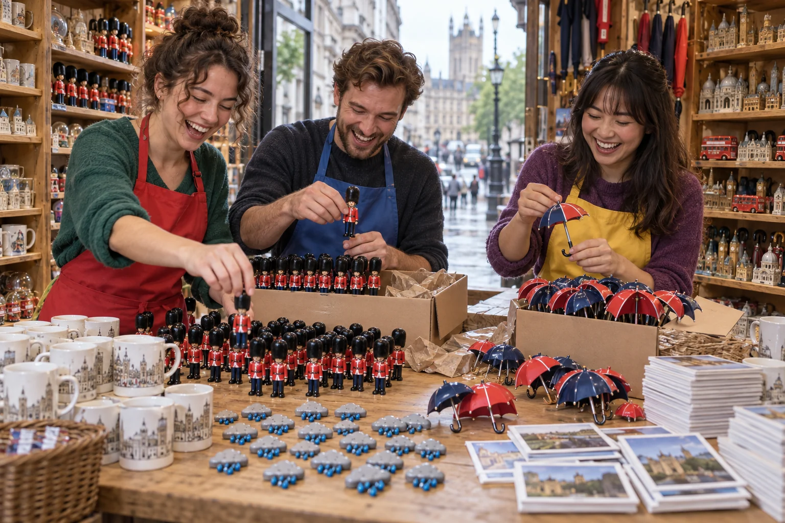Three fictional souvenir shop workers laugh while stacking toy guardsmen and umbrellas.