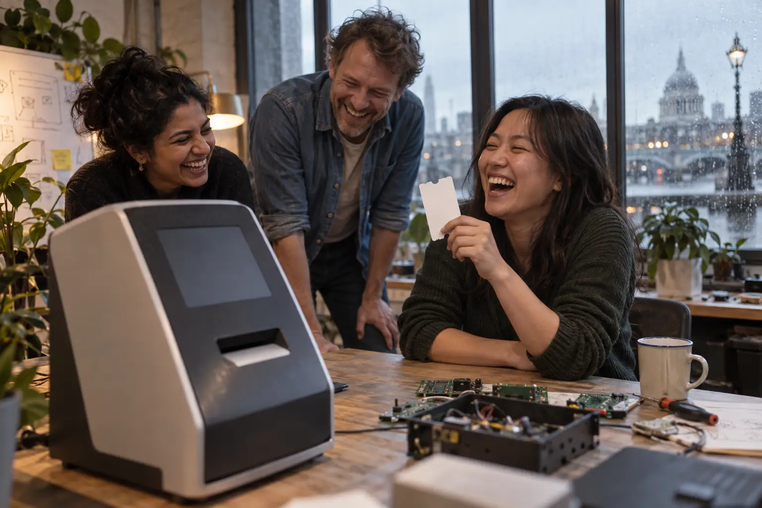 Original editorial photograph of three laughing startup workers around a blank public-service queue machine in a rainy London workshop, with no logos or text